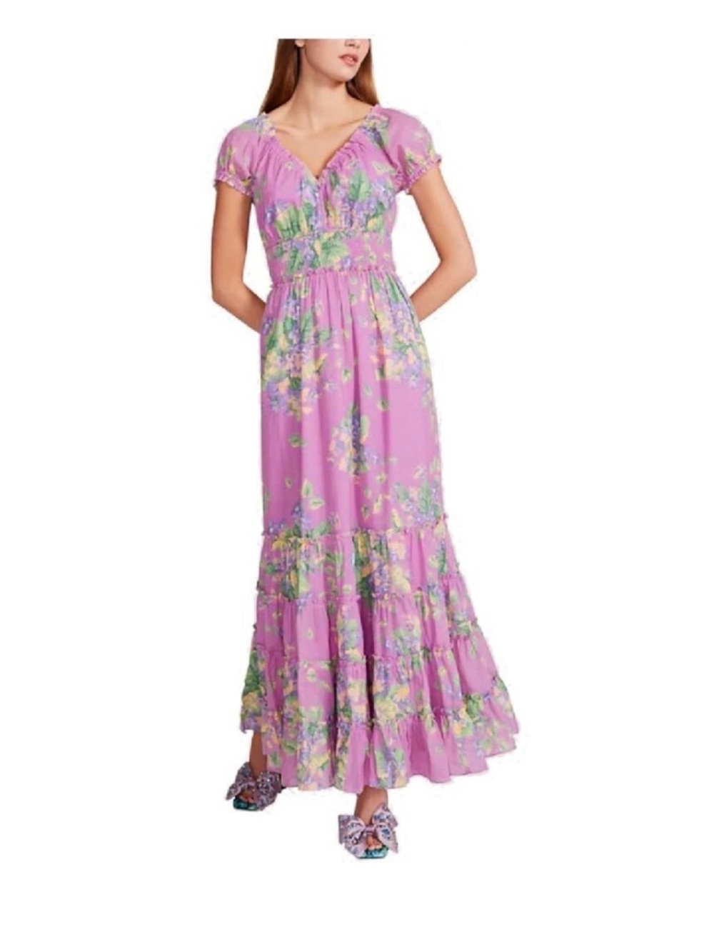 Betsey Johnson Lilac Floral Maxi Dress with Ruffle Tiers